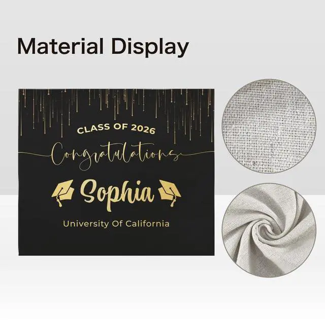 Alt view image 5 of 6 - Personalized Graduation Backdrop 2026, Elegant Black Gold Graduation Banner with Name, Class of 2026 Party Decoration, Graduation Photo Booth Linen Fabric Sign