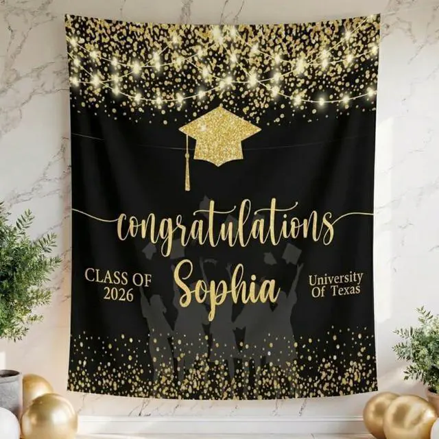 Main image of Graduation Party Photo Backdrop 2026 with Custom Name, Elegant Class of 2026 Banner, Personalized Graduation Decoration Linen Fabric Sign