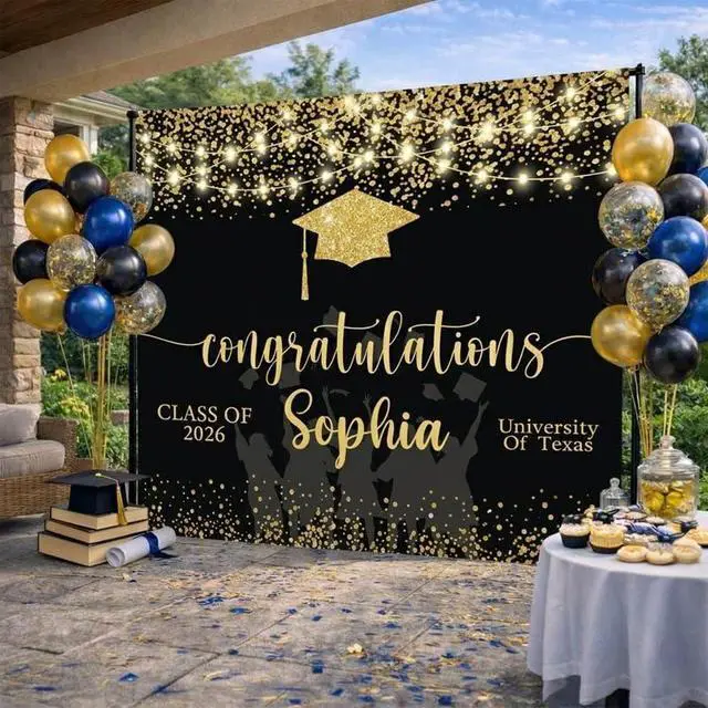 Alt view image 2 of 6 - Graduation Party Photo Backdrop 2026 with Custom Name, Elegant Class of 2026 Banner, Personalized Graduation Decoration Linen Fabric Sign