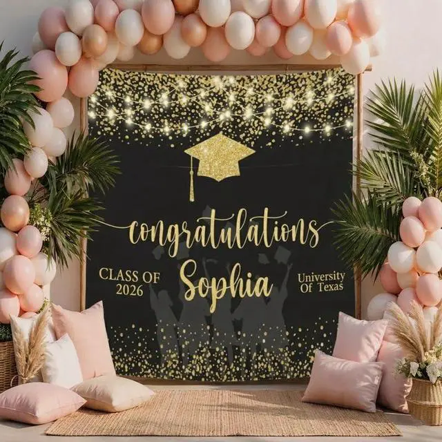 Alt view image 3 of 6 - Graduation Party Photo Backdrop 2026 with Custom Name, Elegant Class of 2026 Banner, Personalized Graduation Decoration Linen Fabric Sign