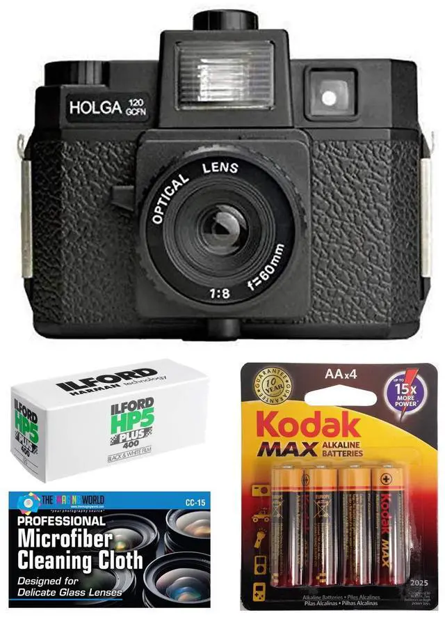 Main image of Holga 120GCFN Medium Format Film Camera with Built-in Flash with Ilford HP5 120 Black and White Film Kodak Batteries Accessories Bundle