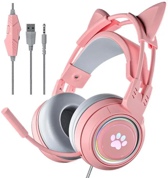 Main image of Cat Ear Headphones Pink Gaming Headset with Mic for Switch Xbox One PS4 PS5, Cute Children Girl Kids Wired Headphones Light up Kawaii Kitty Noise Cancelling Headphones for Gamer PC Laptop