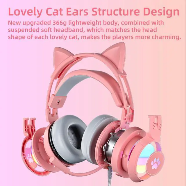 Alt view image 2 of 6 - Cat Ear Headphones Pink Gaming Headset with Mic for Switch Xbox One PS4 PS5, Cute Children Girl Kids Wired Headphones Light up Kawaii Kitty Noise Cancelling Headphones for Gamer PC Laptop