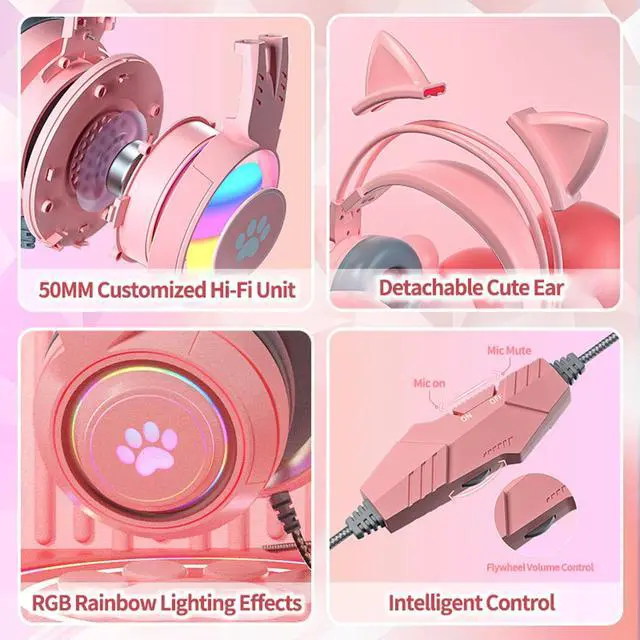 Alt view image 3 of 6 - Cat Ear Headphones Pink Gaming Headset with Mic for Switch Xbox One PS4 PS5, Cute Children Girl Kids Wired Headphones Light up Kawaii Kitty Noise Cancelling Headphones for Gamer PC Laptop