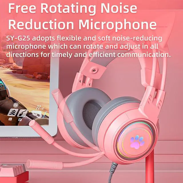 Alt view image 4 of 6 - Cat Ear Headphones Pink Gaming Headset with Mic for Switch Xbox One PS4 PS5, Cute Children Girl Kids Wired Headphones Light up Kawaii Kitty Noise Cancelling Headphones for Gamer PC Laptop
