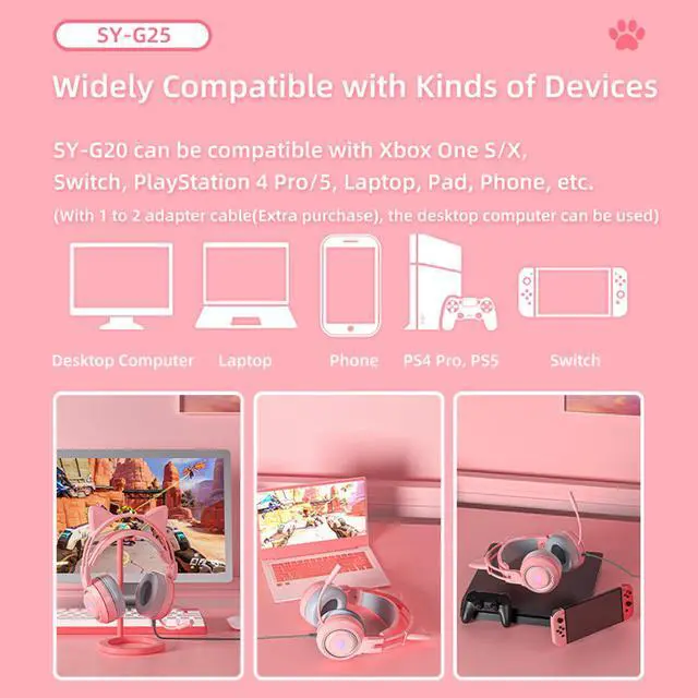 Alt view image 5 of 6 - Cat Ear Headphones Pink Gaming Headset with Mic for Switch Xbox One PS4 PS5, Cute Children Girl Kids Wired Headphones Light up Kawaii Kitty Noise Cancelling Headphones for Gamer PC Laptop