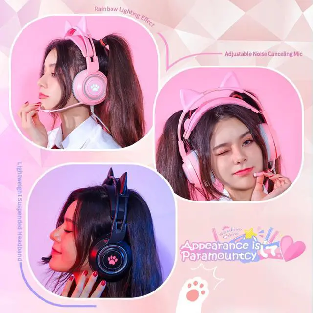 Alt view image 6 of 6 - Cat Ear Headphones Pink Gaming Headset with Mic for Switch Xbox One PS4 PS5, Cute Children Girl Kids Wired Headphones Light up Kawaii Kitty Noise Cancelling Headphones for Gamer PC Laptop