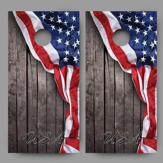 Main image of USA American Flag on Rustic Wood Background Corn Hole Decal Wrap