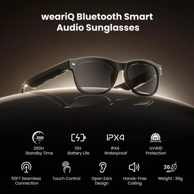 Alt view image 4 of 6 - Auraflux Bluetooth Smart Glasses with Open Ear Speakers, Hands-Free Voice Control, Built-in Microphone, Sunglasses with Polarized UV400 Protection, Lightweight Unisex Design