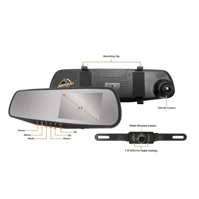 Alt view image 3 of 6 - Armor All 720P HD Rearview Mirror Dash and Backup Camera, Instant Motion Detection, 110-Degree Reverse Field of View, 4.3 LCD Screen, Easy Dashboard Installation