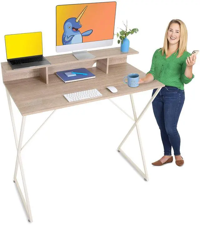 Main image of Joy Desk | Modern Stand Up Workstation with Storage Cubbies | Pretty Standing Desk with Large Desktop | Multifunctional Table for Home & Office (Maple / 48 x 42)