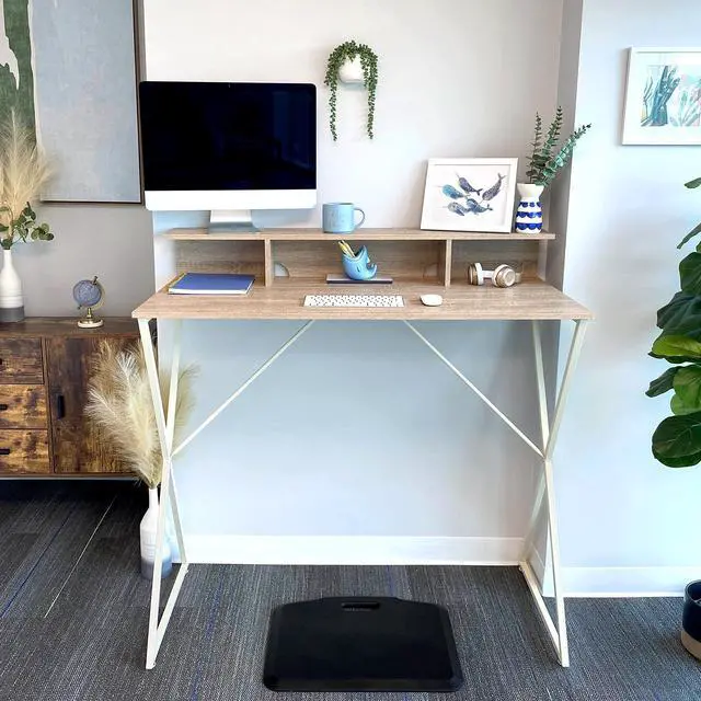 Alt view image 2 of 6 - Joy Desk | Modern Stand Up Workstation with Storage Cubbies | Pretty Standing Desk with Large Desktop | Multifunctional Table for Home & Office (Maple / 48 x 42)