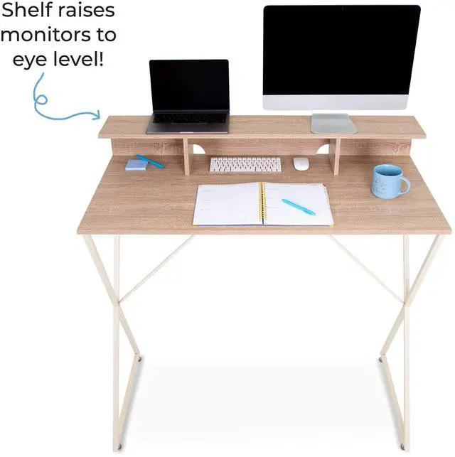 Alt view image 4 of 6 - Joy Desk | Modern Stand Up Workstation with Storage Cubbies | Pretty Standing Desk with Large Desktop | Multifunctional Table for Home & Office (Maple / 48 x 42)