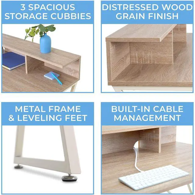 Alt view image 5 of 6 - Joy Desk | Modern Stand Up Workstation with Storage Cubbies | Pretty Standing Desk with Large Desktop | Multifunctional Table for Home & Office (Maple / 48 x 42)