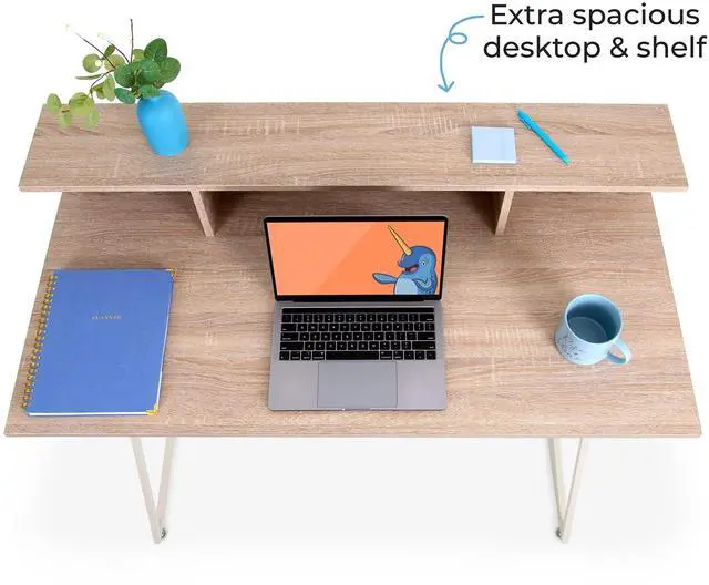 Alt view image 6 of 6 - Joy Desk | Modern Stand Up Workstation with Storage Cubbies | Pretty Standing Desk with Large Desktop | Multifunctional Table for Home & Office (Maple / 48 x 42)