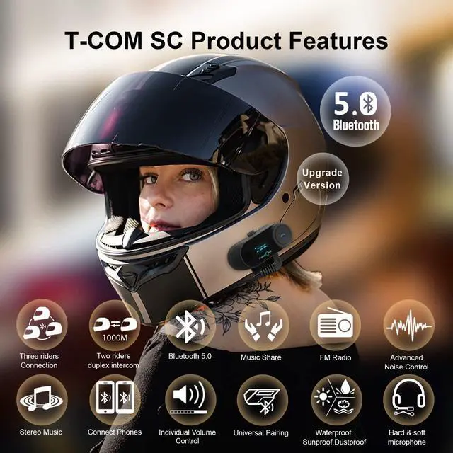 Alt view image 2 of 6 - Motorcycle Bluetooth Headset TCOM SC Helmet Intercom with LCD Display Motorcycle Communication Systems 3 Riders Paring 800M 2 Riders Talking Universal Fitment/Music Sharing/FM/Hard&Soft Mic