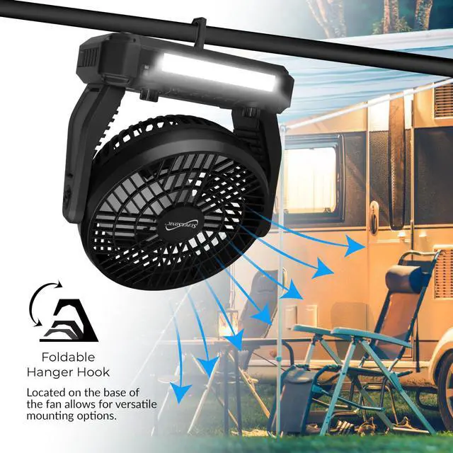 Alt view image 5 of 6 - SC-1076ERF Solar Powered Portable Fan with 6-Inch Fan Diameter, Adjustable 3 Wind Speed, Foldable Hanger Hook, LED Flashlight, Bluetooth, FM Radio, AUXUSB/mSD Inputs