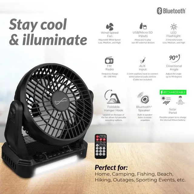 Alt view image 6 of 6 - SC-1076ERF Solar Powered Portable Fan with 6-Inch Fan Diameter, Adjustable 3 Wind Speed, Foldable Hanger Hook, LED Flashlight, Bluetooth, FM Radio, AUXUSB/mSD Inputs
