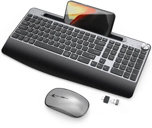 Main image of Wireless Keyboard and Mouse, Ergonomic Wireless Keyboard with Wrist Rest and Phone Holder, Quiet Computer Mouse for Mac PC Laptop-Black Grey