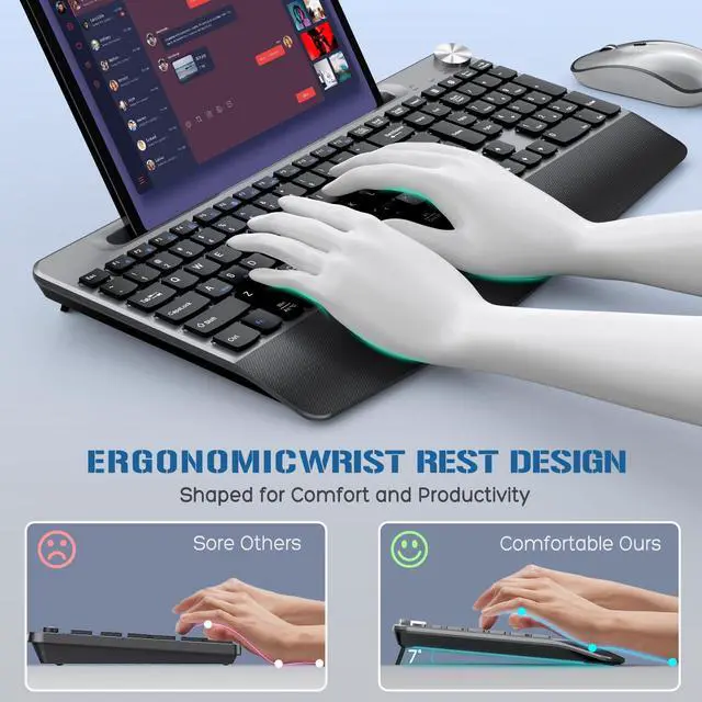 Alt view image 2 of 7 - Wireless Keyboard and Mouse, Ergonomic Wireless Keyboard with Wrist Rest and Phone Holder, Quiet Computer Mouse for Mac PC Laptop-Black Grey