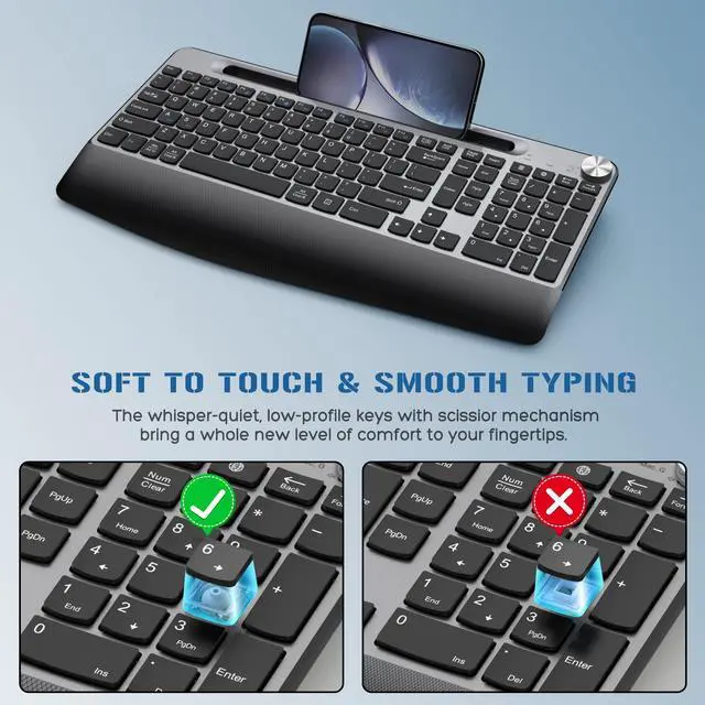 Alt view image 3 of 7 - Wireless Keyboard and Mouse, Ergonomic Wireless Keyboard with Wrist Rest and Phone Holder, Quiet Computer Mouse for Mac PC Laptop-Black Grey