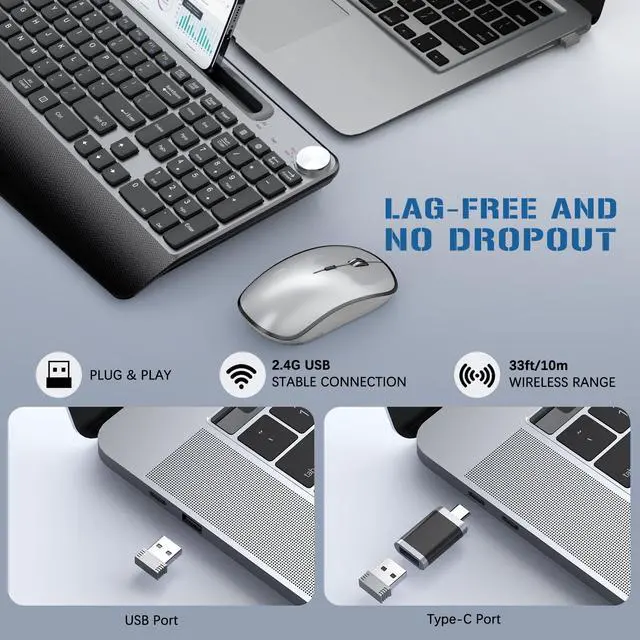 Alt view image 5 of 7 - Wireless Keyboard and Mouse, Ergonomic Wireless Keyboard with Wrist Rest and Phone Holder, Quiet Computer Mouse for Mac PC Laptop-Black Grey