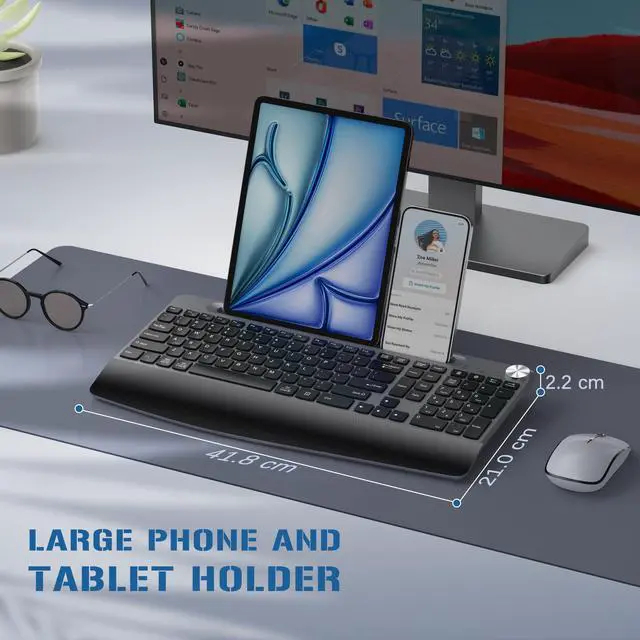 Alt view image 6 of 7 - Wireless Keyboard and Mouse, Ergonomic Wireless Keyboard with Wrist Rest and Phone Holder, Quiet Computer Mouse for Mac PC Laptop-Black Grey