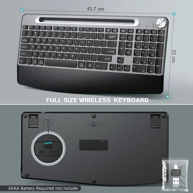 Alt view image 7 of 7 - Wireless Keyboard and Mouse, Ergonomic Wireless Keyboard with Wrist Rest and Phone Holder, Quiet Computer Mouse for Mac PC Laptop-Black Grey