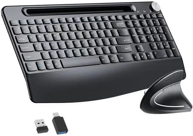 Main image of Full-Size Ergonomic Keyboard and Mouse, 2.4GHz Wireless Keyboard and vertical Mouse with Tablet Phone Holder, Wrist Rest for Computer Mac PC Laptop Chromebook, Black