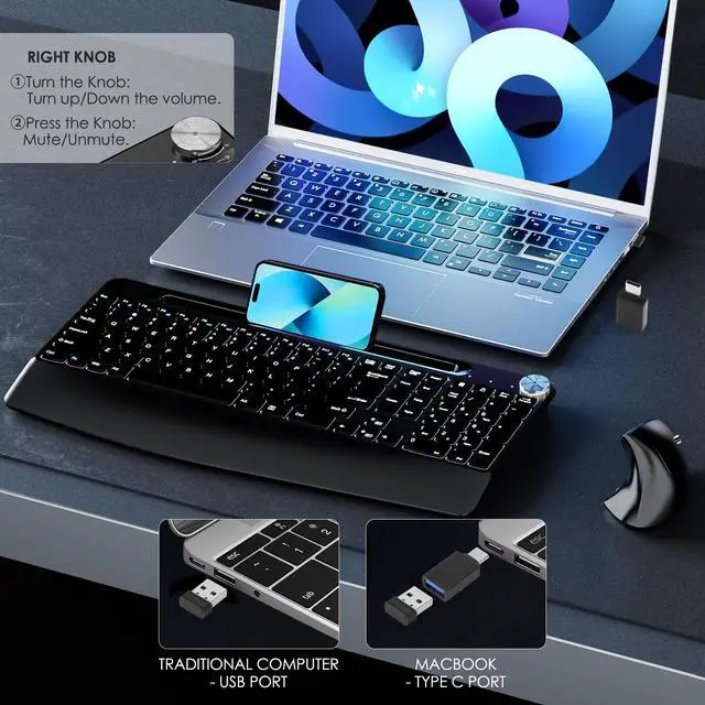 Alt view image 6 of 7 - Full-Size Ergonomic Keyboard and Mouse, 2.4GHz Wireless Keyboard and vertical Mouse with Tablet Phone Holder, Wrist Rest for Computer Mac PC Laptop Chromebook, Black