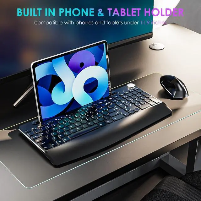 Alt view image 7 of 7 - Full-Size Ergonomic Keyboard and Mouse, 2.4GHz Wireless Keyboard and vertical Mouse with Tablet Phone Holder, Wrist Rest for Computer Mac PC Laptop Chromebook, Black