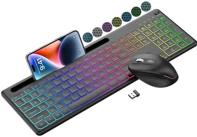 Main image of Wireless Keyboard and Mouse Combo -10 Colored Backlits, Phone Holder