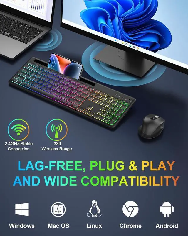 Alt view image 2 of 6 - Wireless Keyboard and Mouse Combo -10 Colored Backlits, Phone Holder