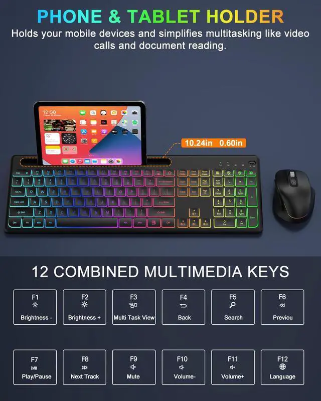Alt view image 3 of 6 - Wireless Keyboard and Mouse Combo -10 Colored Backlits, Phone Holder