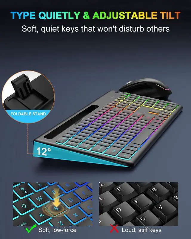 Alt view image 4 of 6 - Wireless Keyboard and Mouse Combo -10 Colored Backlits, Phone Holder