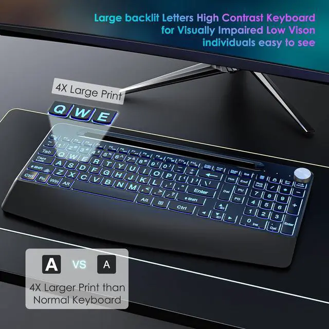 Alt view image 2 of 7 - Lighted up Large Print Full Size 2.4G Ergonomic Wireless Keyboard, Rechargeable,with 7 Colored Backlits &Volume Knob&Phone Holder &Wrist Rest,for Mac Windows Laptop PC (Keyboard)