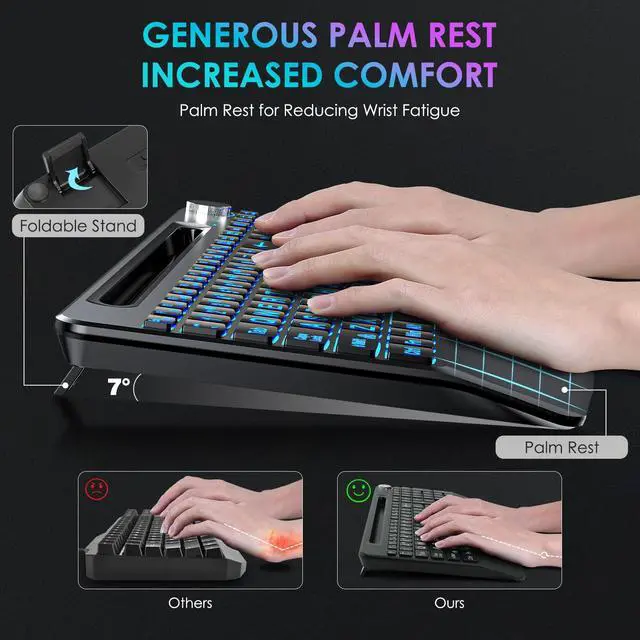 Alt view image 3 of 7 - Lighted up Large Print Full Size 2.4G Ergonomic Wireless Keyboard, Rechargeable,with 7 Colored Backlits &Volume Knob&Phone Holder &Wrist Rest,for Mac Windows Laptop PC (Keyboard)