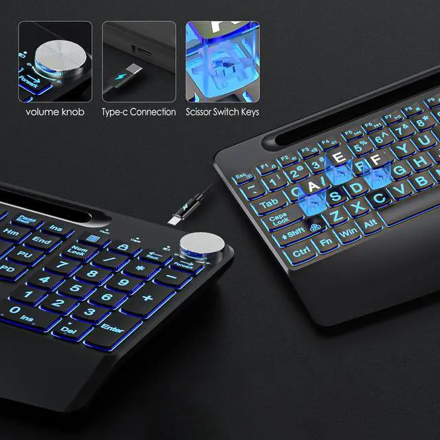 Alt view image 4 of 7 - Lighted up Large Print Full Size 2.4G Ergonomic Wireless Keyboard, Rechargeable,with 7 Colored Backlits &Volume Knob&Phone Holder &Wrist Rest,for Mac Windows Laptop PC (Keyboard)