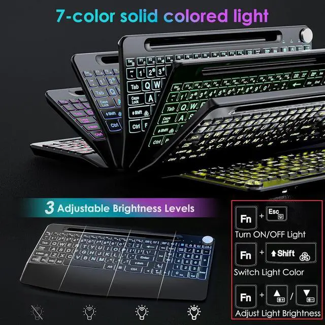 Alt view image 5 of 7 - Lighted up Large Print Full Size 2.4G Ergonomic Wireless Keyboard, Rechargeable,with 7 Colored Backlits &Volume Knob&Phone Holder &Wrist Rest,for Mac Windows Laptop PC (Keyboard)