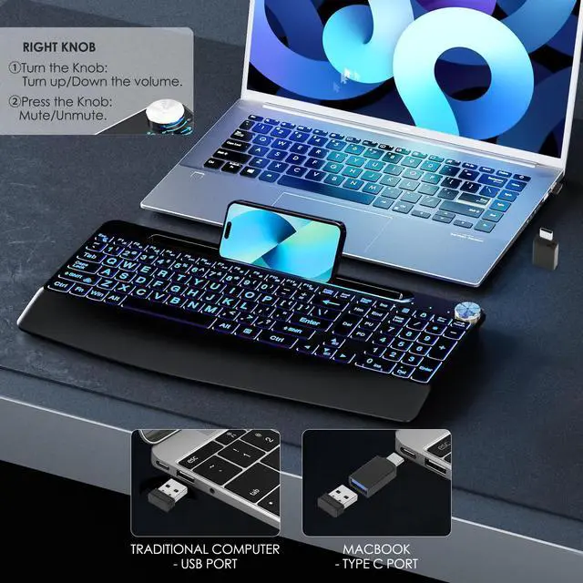 Alt view image 6 of 7 - Lighted up Large Print Full Size 2.4G Ergonomic Wireless Keyboard, Rechargeable,with 7 Colored Backlits &Volume Knob&Phone Holder &Wrist Rest,for Mac Windows Laptop PC (Keyboard)