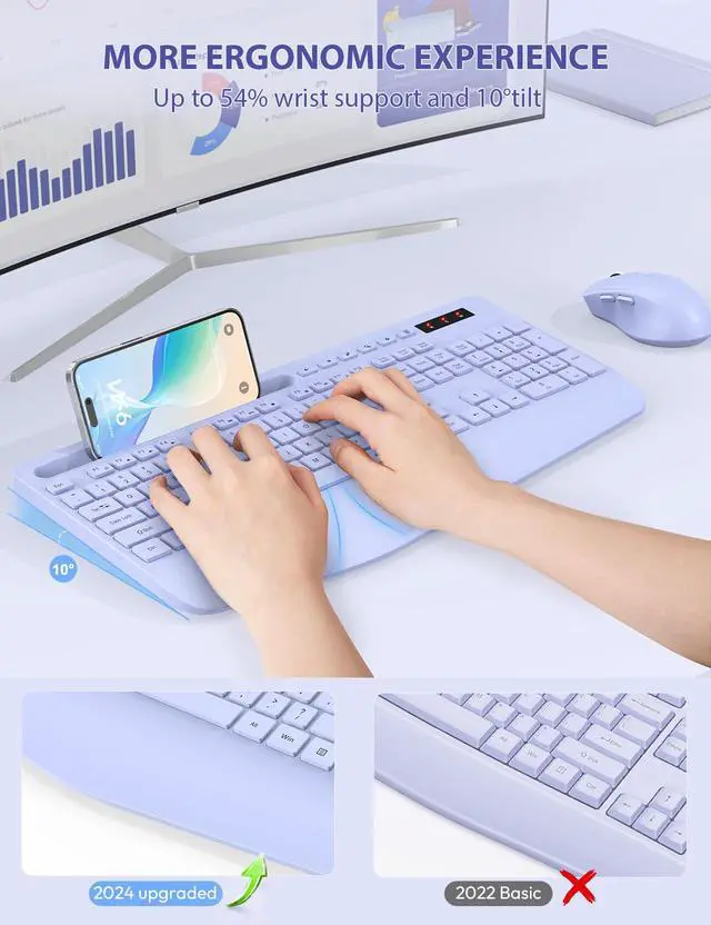 Alt view image 2 of 7 - Wireless Keyboard and Mouse Combo, Full Size, Ergonomic Wrist Rest