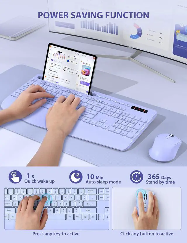 Alt view image 7 of 7 - Wireless Keyboard and Mouse Combo, Full Size, Ergonomic Wrist Rest