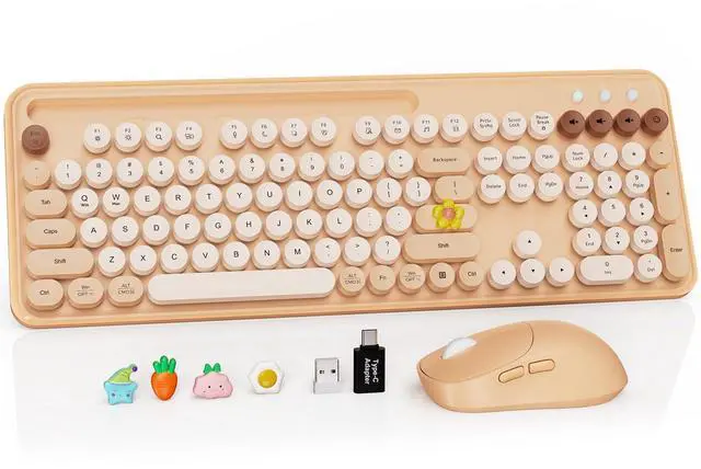 Main image of Wireless Keyboard and Mouse Combo, Retro Round Keycaps, Full-Size Typewriter Keyboard with Phone/Tablet Holder, Ergonomic Mouse with 3-Level DPI, 2.4GHz Connection for Windows/PC (Beige Colorful)