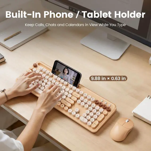 Alt view image 2 of 7 - Wireless Keyboard and Mouse Combo, Retro Round Keycaps, Full-Size Typewriter Keyboard with Phone/Tablet Holder, Ergonomic Mouse with 3-Level DPI, 2.4GHz Connection for Windows/PC (Beige Colorful)