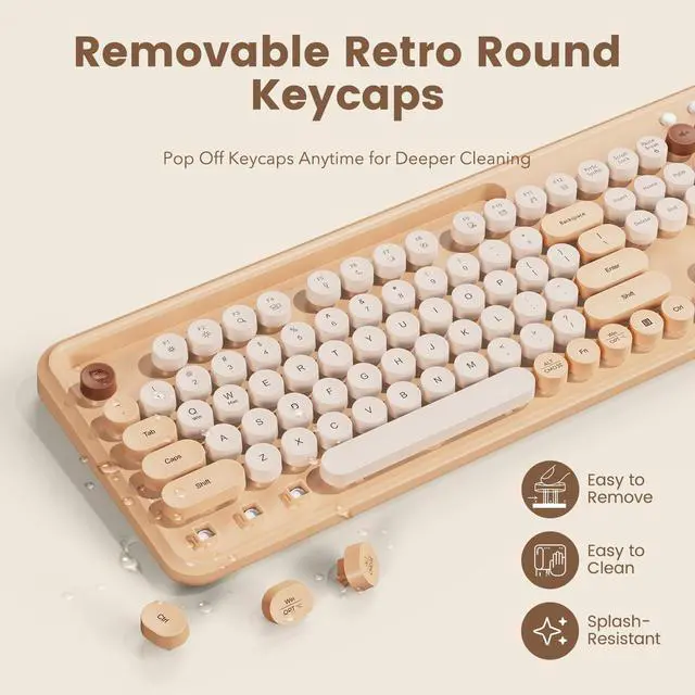 Alt view image 4 of 7 - Wireless Keyboard and Mouse Combo, Retro Round Keycaps, Full-Size Typewriter Keyboard with Phone/Tablet Holder, Ergonomic Mouse with 3-Level DPI, 2.4GHz Connection for Windows/PC (Beige Colorful)