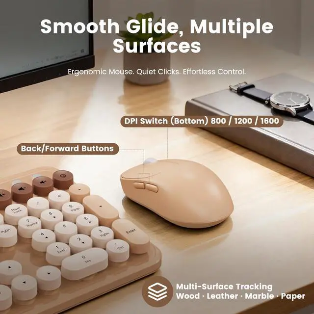 Alt view image 6 of 7 - Wireless Keyboard and Mouse Combo, Retro Round Keycaps, Full-Size Typewriter Keyboard with Phone/Tablet Holder, Ergonomic Mouse with 3-Level DPI, 2.4GHz Connection for Windows/PC (Beige Colorful)
