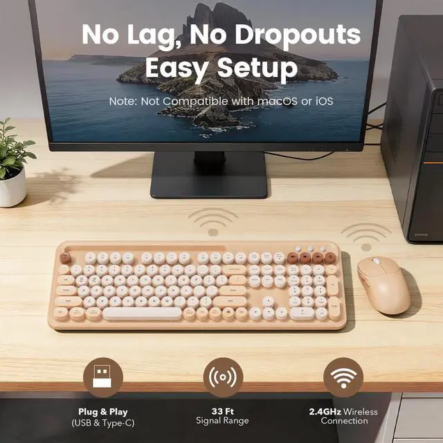 Alt view image 7 of 7 - Wireless Keyboard and Mouse Combo, Retro Round Keycaps, Full-Size Typewriter Keyboard with Phone/Tablet Holder, Ergonomic Mouse with 3-Level DPI, 2.4GHz Connection for Windows/PC (Beige Colorful)