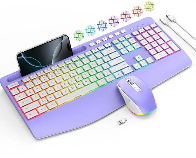 Main image of Wireless Keyboard and Mouse Combo- 2.4G Rechargeable Keyboard with Phone Holder, Ergonomic Wrist Rest, 9 RGB Backlit Effects, Silent Keyboard Mouse Set for Windows, Laptop, PC