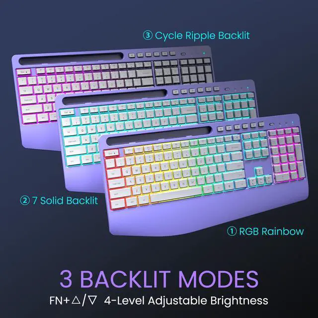 Alt view image 2 of 7 - Wireless Keyboard and Mouse Combo- 2.4G Rechargeable Keyboard with Phone Holder, Ergonomic Wrist Rest, 9 RGB Backlit Effects, Silent Keyboard Mouse Set for Windows, Laptop, PC