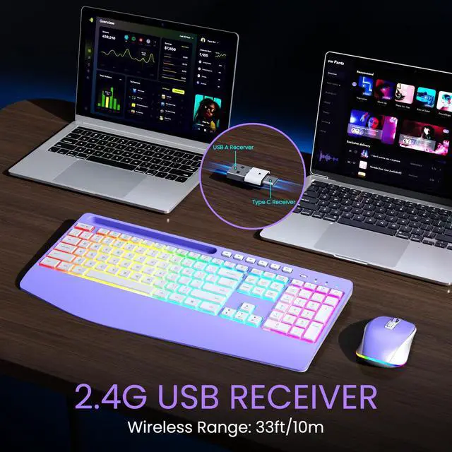 Alt view image 6 of 7 - Wireless Keyboard and Mouse Combo- 2.4G Rechargeable Keyboard with Phone Holder, Ergonomic Wrist Rest, 9 RGB Backlit Effects, Silent Keyboard Mouse Set for Windows, Laptop, PC